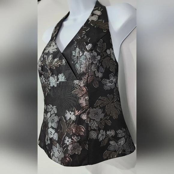 David's Bridal Formal Halter Top Size 12 Black Silver Shimmer Glam Floral - Picture 2 of 7